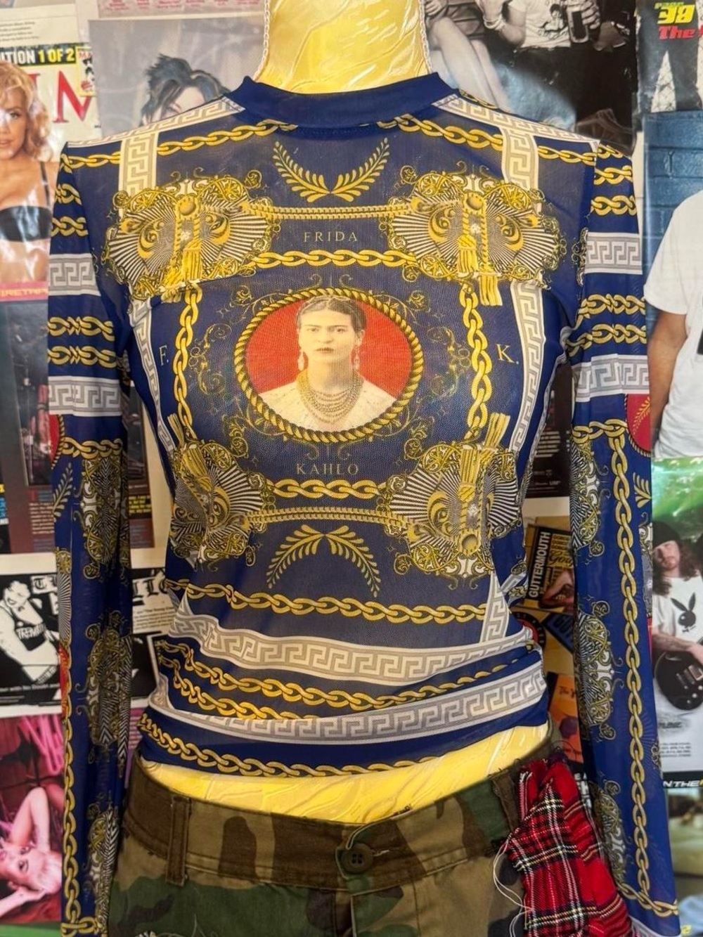 Frida Kahlo Print Long-Sleeve Mesh Top - Navy & Gold